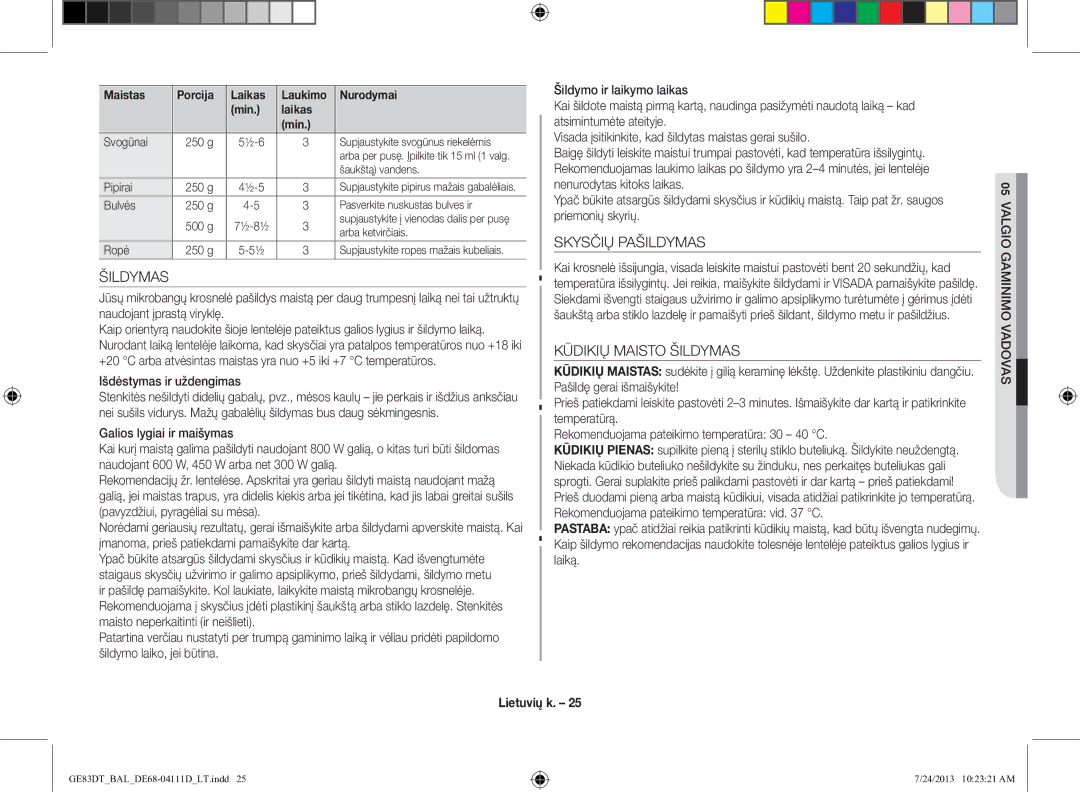 Samsung GE83DT-1/BAL manual Skysčių Pašildymas, Kūdikių Maisto Šildymas, Išdėstymas ir uždengimas 