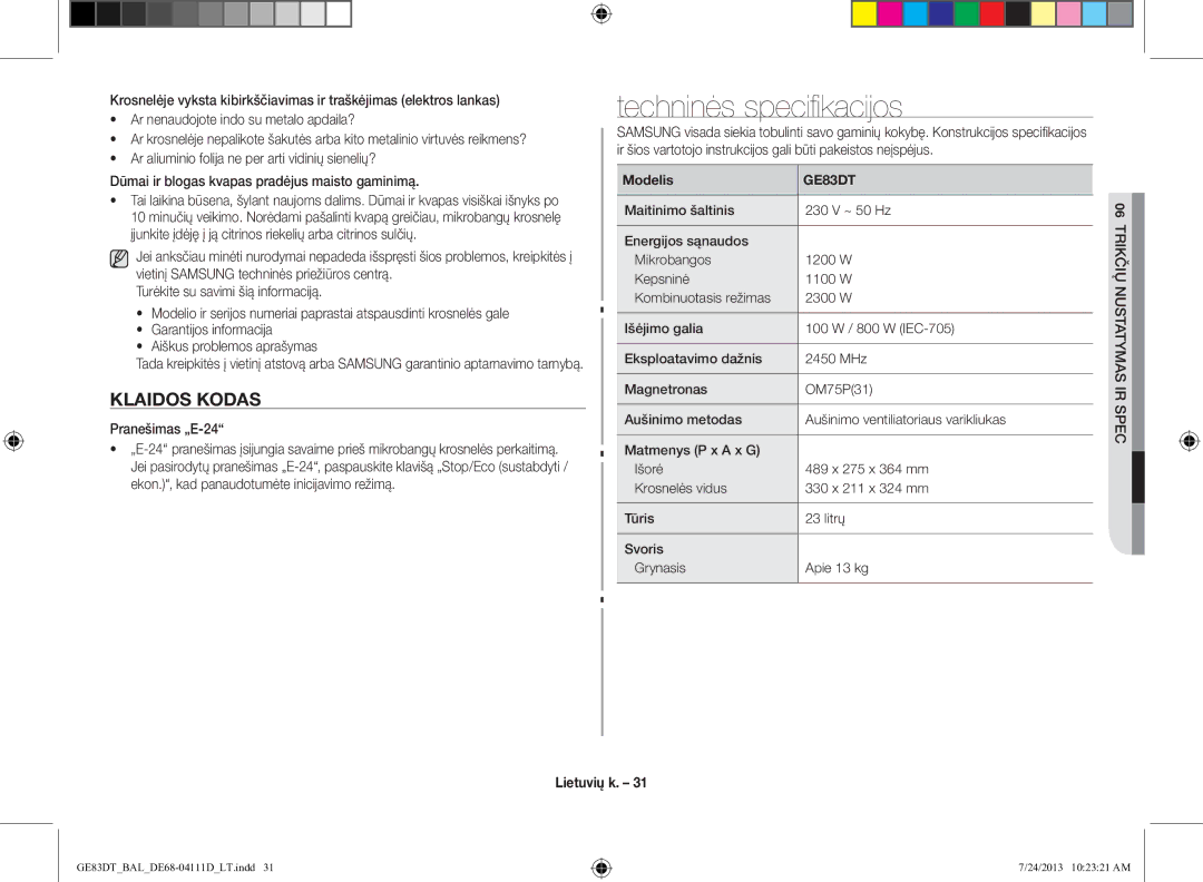 Samsung GE83DT-1/BAL manual Techninės specifikacijos, Klaidos Kodas, Pranešimas „E-24, Modelis 