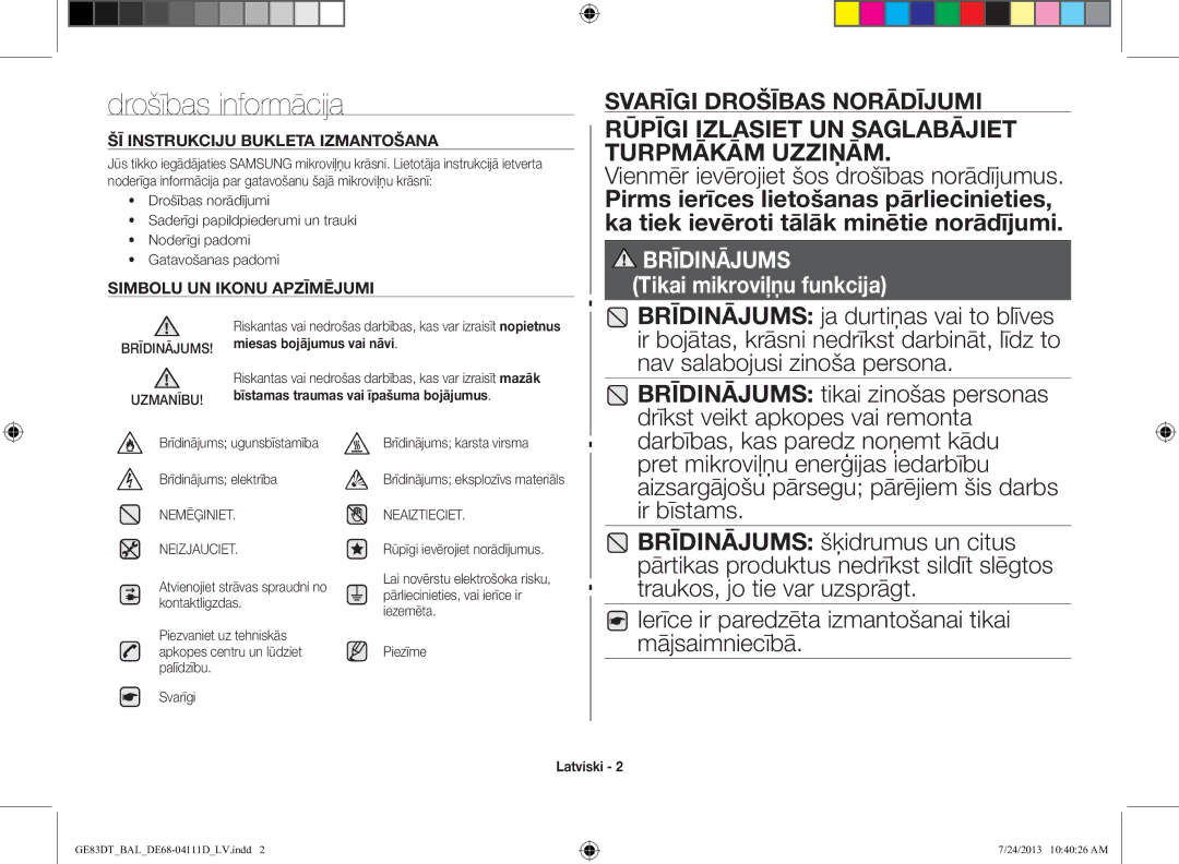 Samsung GE83DT-1/BAL manual Drošības informācija, Rūpīgi Izlasiet UN Saglabājiet Turpmākām Uzziņām, Latviski 