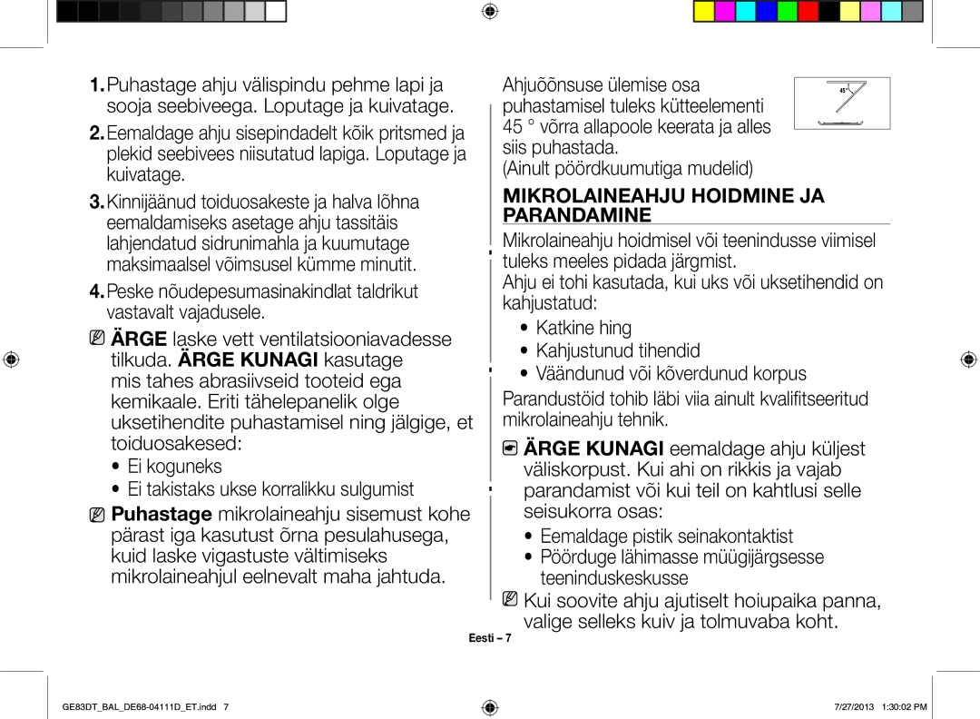 Samsung GE83DT-1/BAL Siis puhastada, Ainult pöördkuumutiga mudelid Kuivatage, Mikrolaineahju Hoidmine JA, Parandamine 