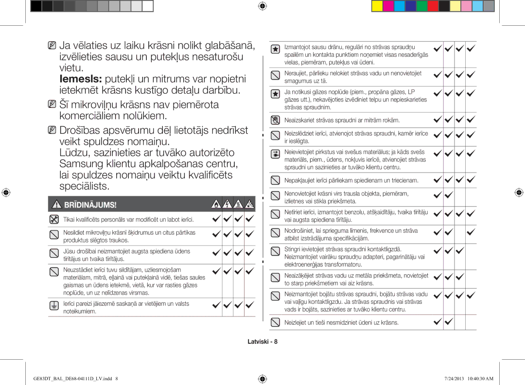 Samsung GE83DT-1/BAL manual Brīdinājums, Neizlejiet un tieši nesmidziniet ūdeni uz krāsns 