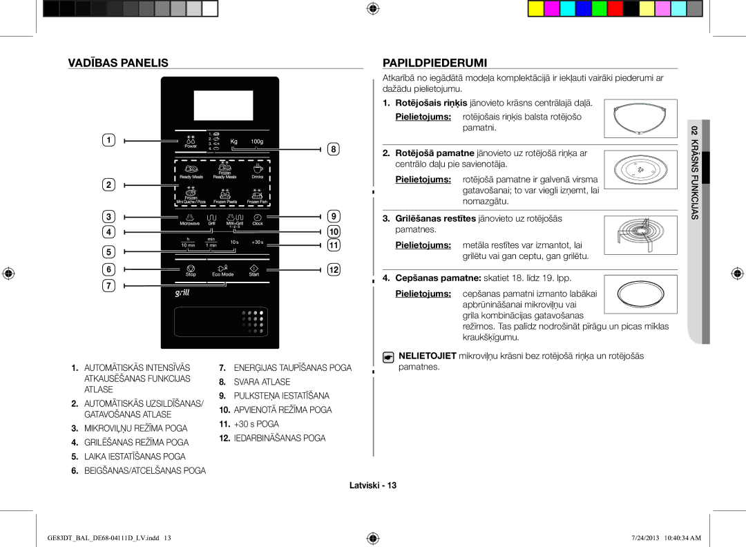 Samsung GE83DT-1/BAL manual Vadības Panelis Papildpiederumi, 11. +30 s Poga, Iedarbināšanas Poga 