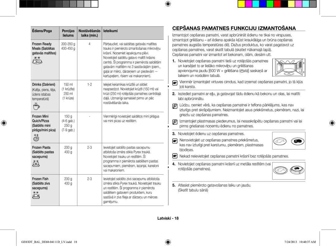 Samsung GE83DT-1/BAL manual Cepšanas Pamatnes Funkciju Izmantošana 