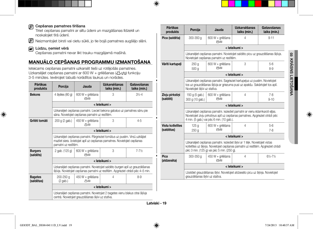 Samsung GE83DT-1/BAL manual Manuālo Cepšanas Programmu Izmantošana 