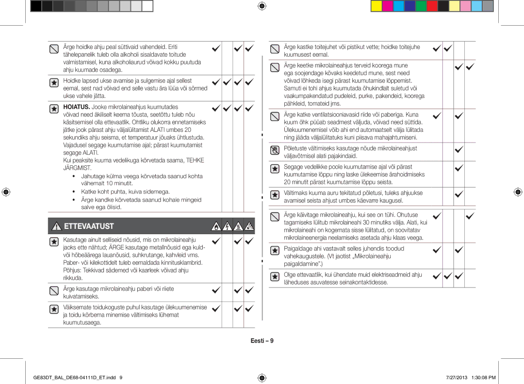 Samsung GE83DT-1/BAL manual Ettevaatust 