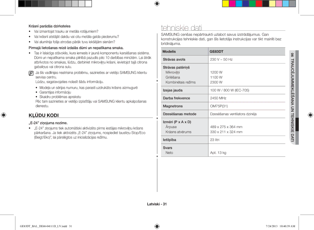 Samsung GE83DT-1/BAL manual Tehniskie dati, Kļūdu Kodi, „E-24 ziņojuma nozīme 