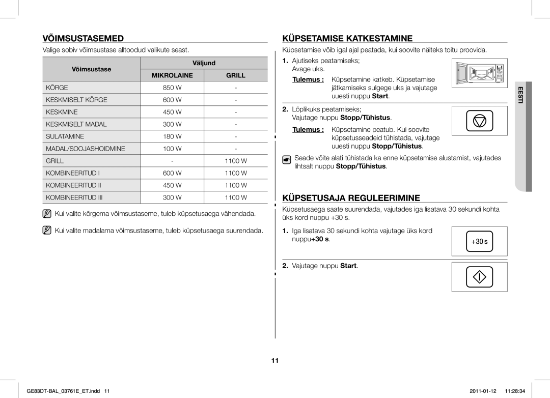 Samsung GE83DT/BAL manual Võimsustasemed, Küpsetamise Katkestamine, Küpsetusaja Reguleerimine 