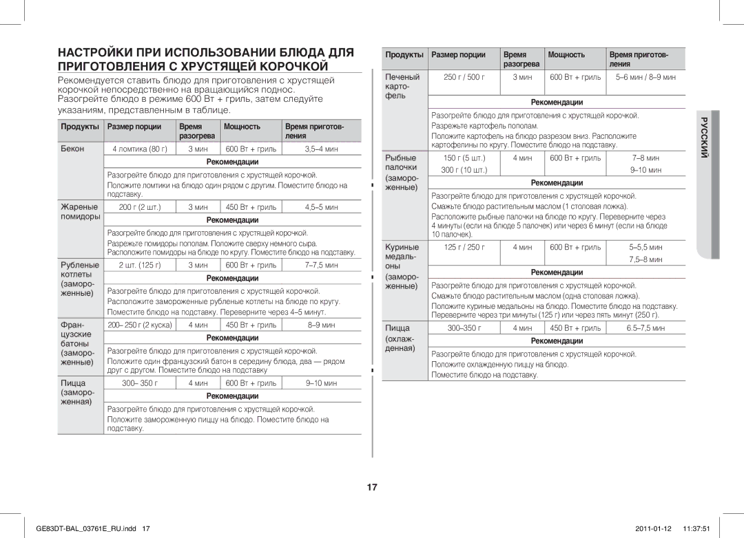 Samsung GE83DT/BAL manual Указаниям, представленным в таблице, Разогрейте блюдо для приготовления с хрустящей корочкой 