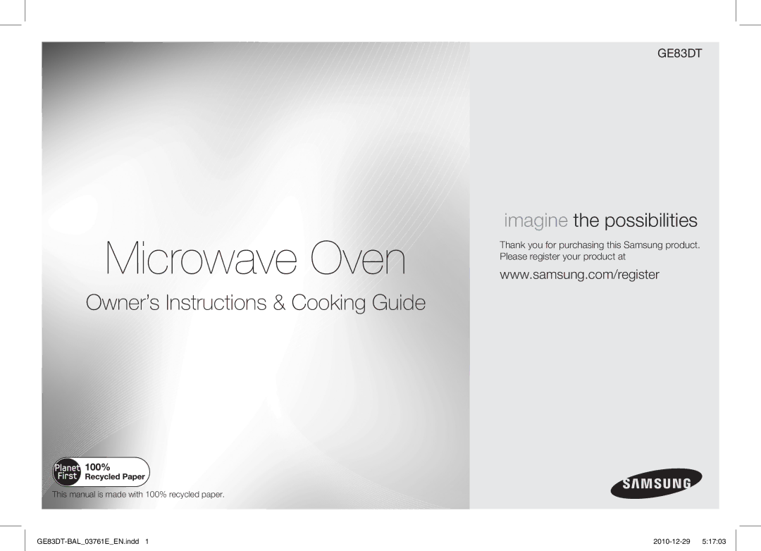 Samsung GE83DT/BAL manual Microwave Oven 