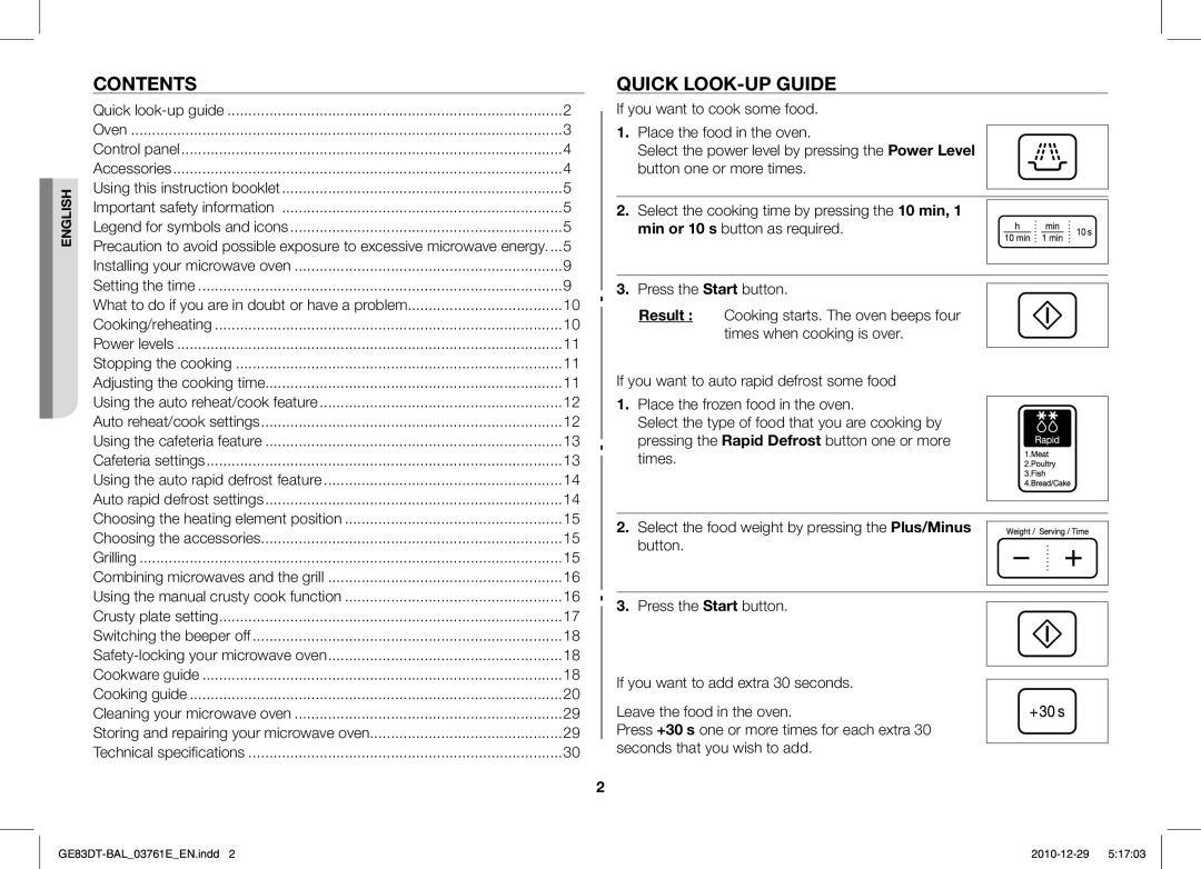 Samsung GE83DT/BAL manual Contents, Quick LOOK-UP Guide 