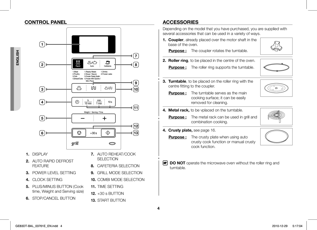 Samsung GE83DT/BAL manual Control Panel, Accessories, PLUS/MINUS Button Cook, Time, Weight and Serving size +30 s Button 