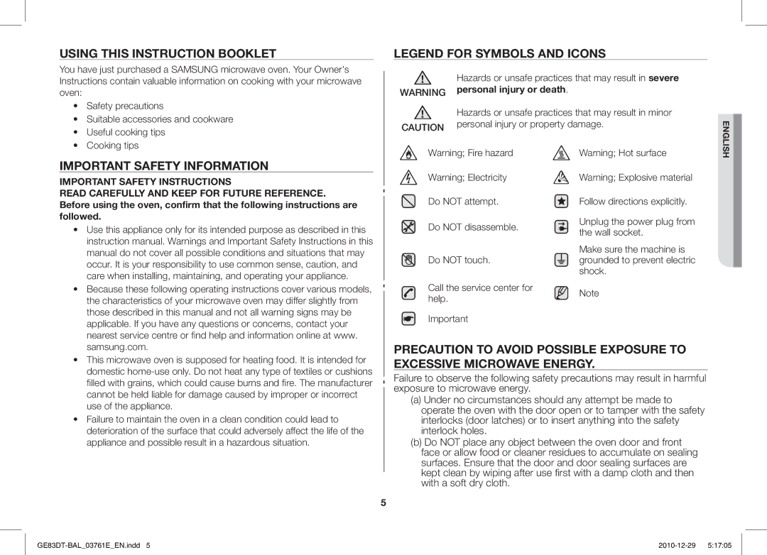 Samsung GE83DT/BAL manual Using this Instruction Booklet, Important Safety Information, Useful cooking tips, Cooking tips 