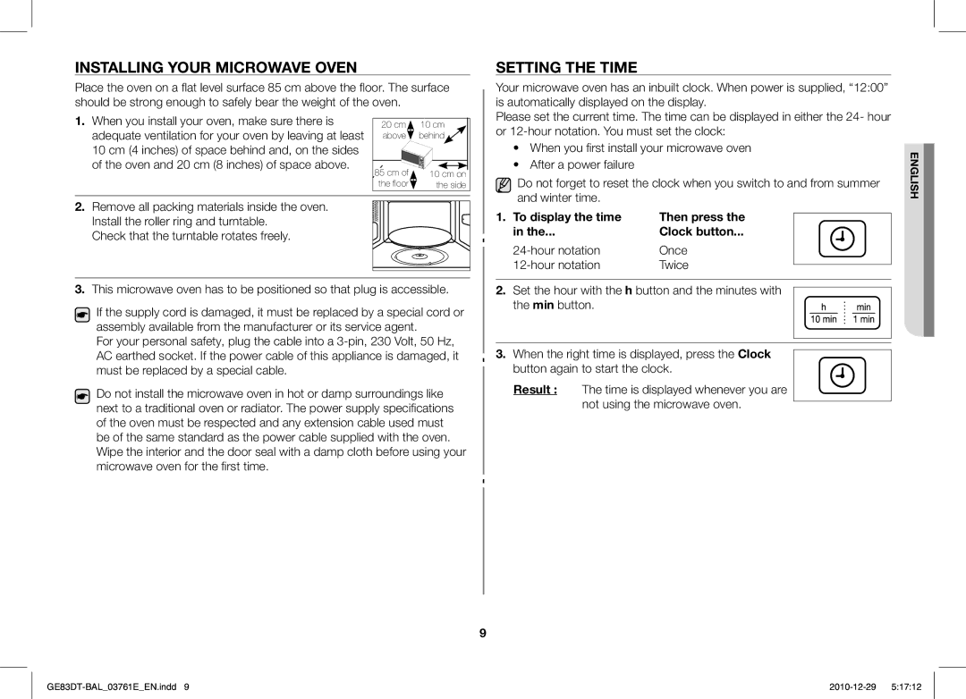 Samsung GE83DT/BAL manual Installing Your Microwave Oven, Setting the Time, To display the time 