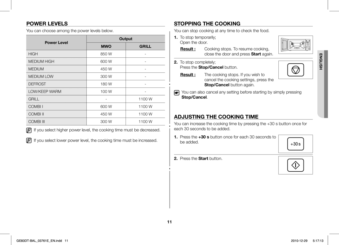 Samsung GE83DT/BAL manual Power Levels, Stopping the Cooking, Adjusting the Cooking Time 