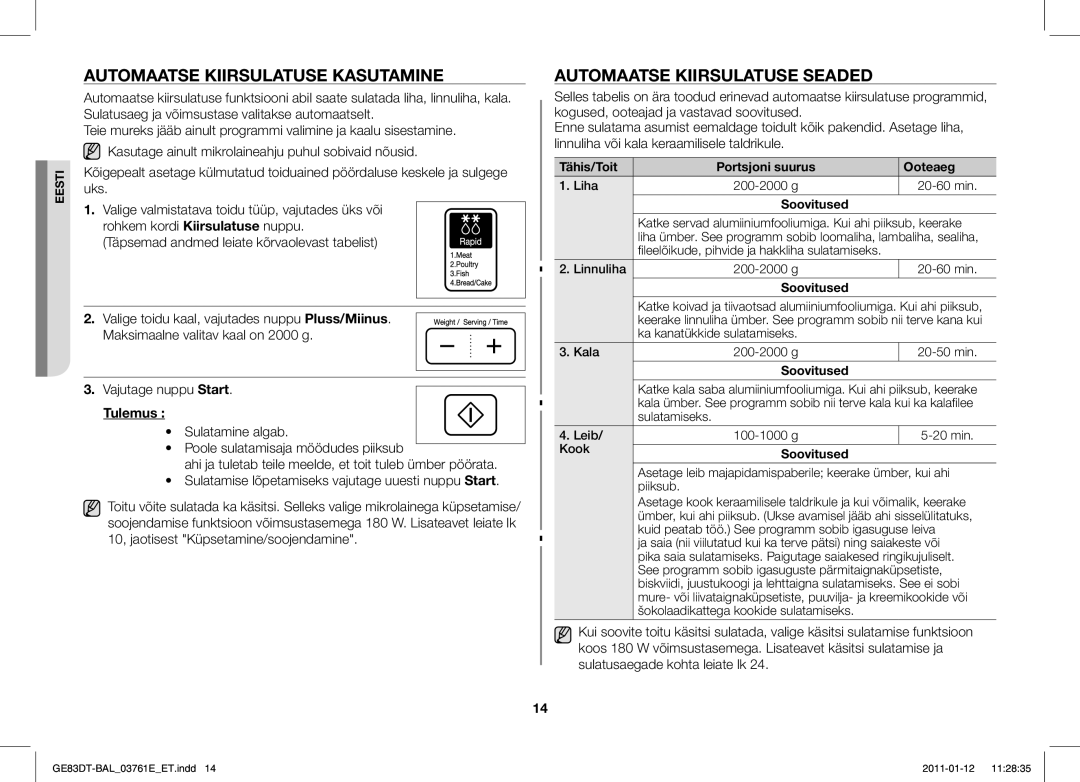 Samsung GE83DT/BAL manual Automaatse Kiirsulatuse Kasutamine, Automaatse Kiirsulatuse Seaded, Tulemus 