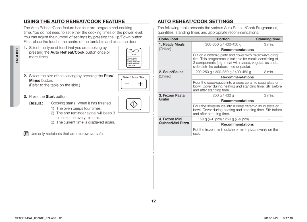 Samsung GE83DT/BAL manual Using the Auto REHEAT/COOK Feature, Auto REHEAT/COOK Settings 