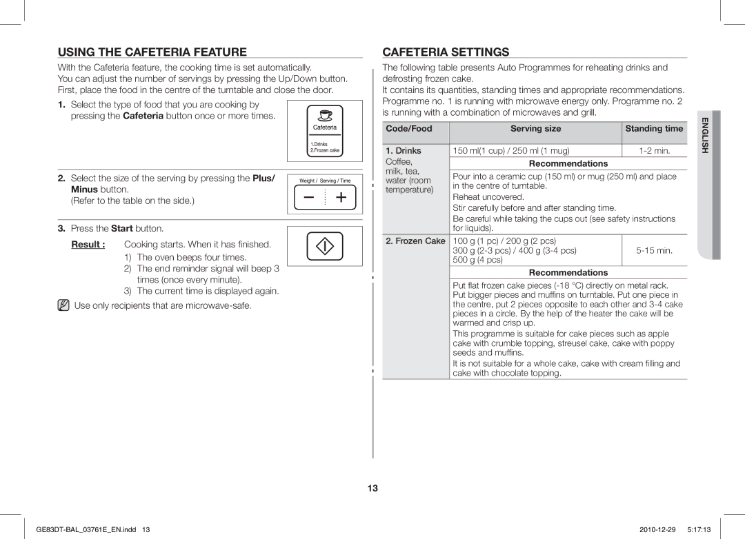 Samsung GE83DT/BAL manual Using the Cafeteria Feature, Cafeteria Settings 