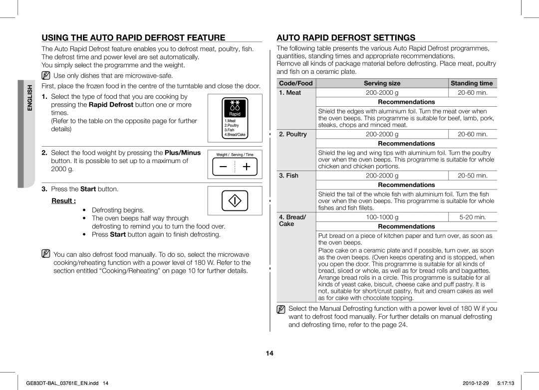 Samsung GE83DT/BAL manual Using the Auto Rapid Defrost Feature, Auto Rapid Defrost Settings, Result 