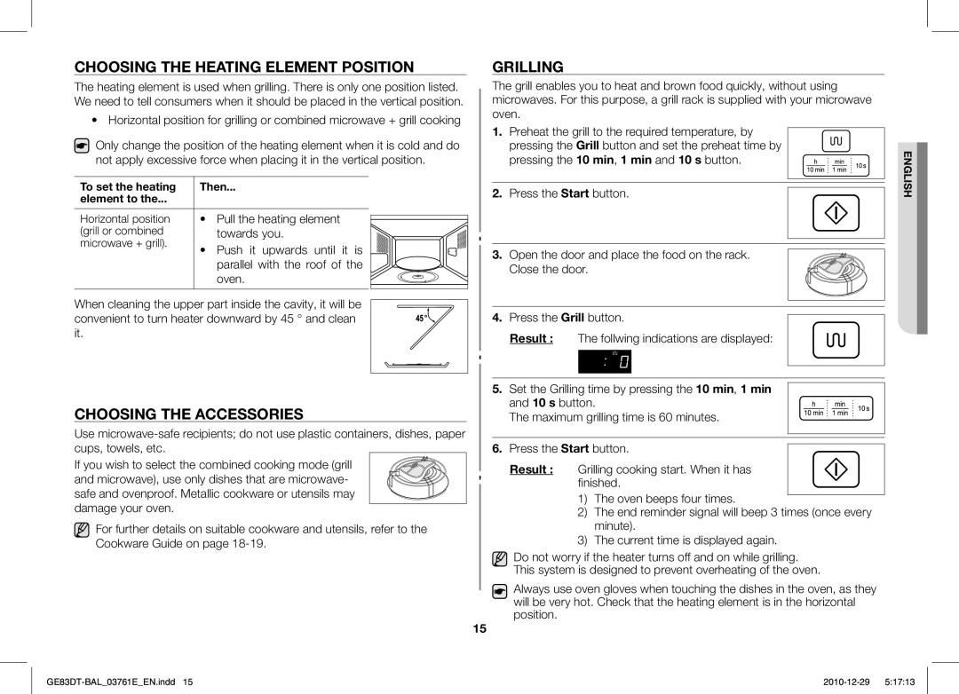 Samsung GE83DT/BAL manual Choosing the Heating Element Position, Choosing the Accessories, Grilling 