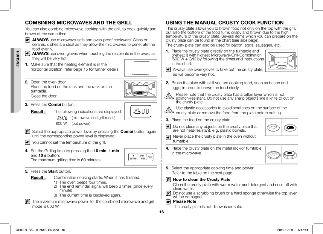 Samsung GE83DT/BAL manual Combining Microwaves and the Grill, Using the Manual Crusty Cook Function, Please Note 