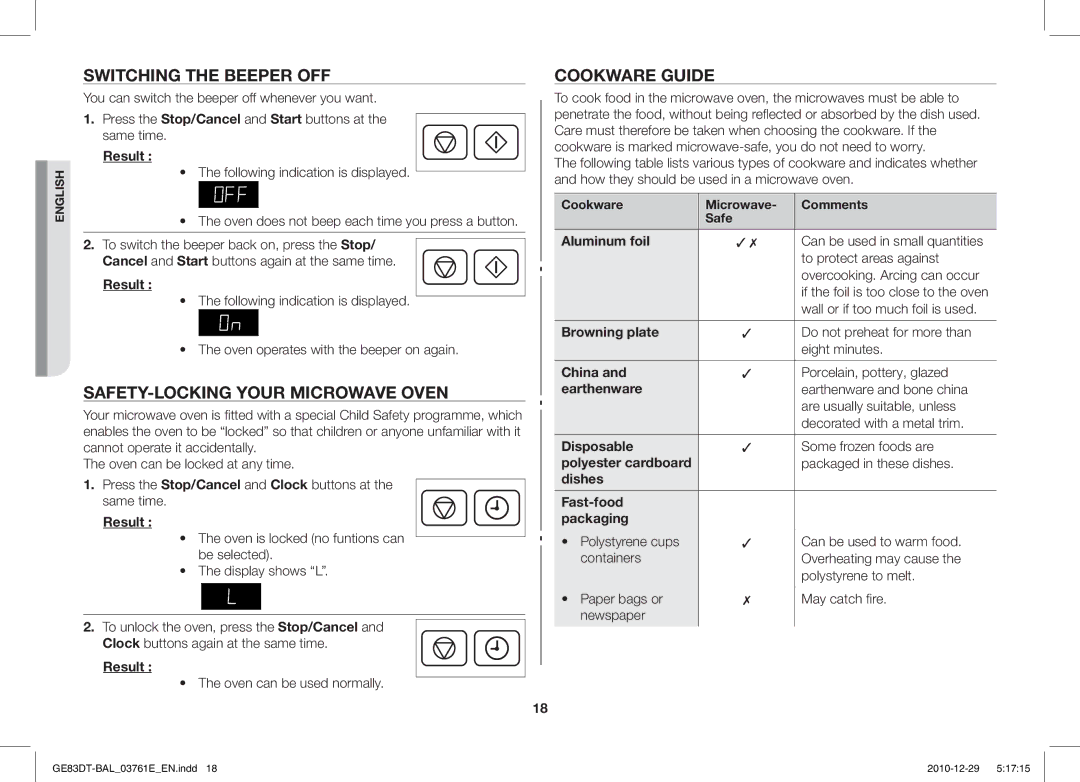 Samsung GE83DT/BAL manual Switching the Beeper OFF, SAFETY-LOCKING Your Microwave Oven, Cookware Guide 