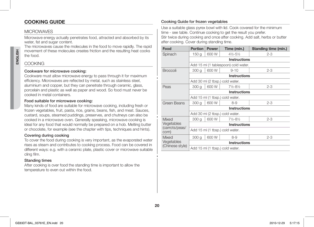 Samsung GE83DT/BAL manual Cooking Guide, Microwaves, Spinach 