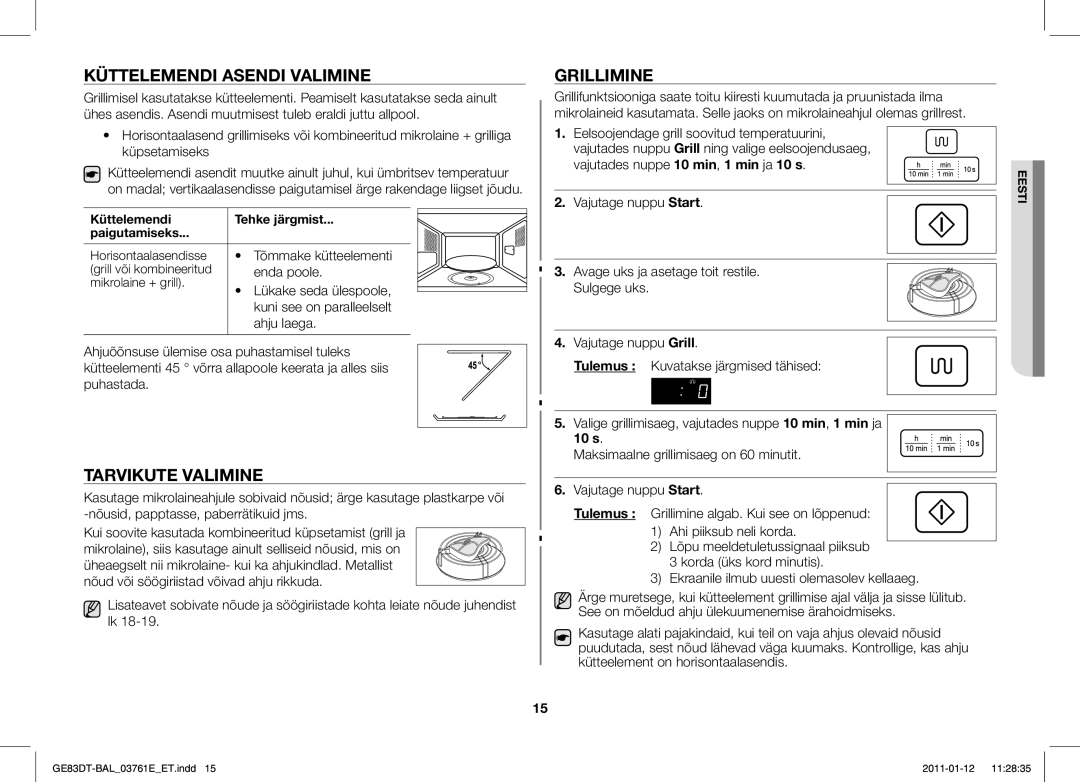 Samsung GE83DT/BAL manual Küttelemendi Asendi Valimine, Tarvikute Valimine, Grillimine, 10 s 