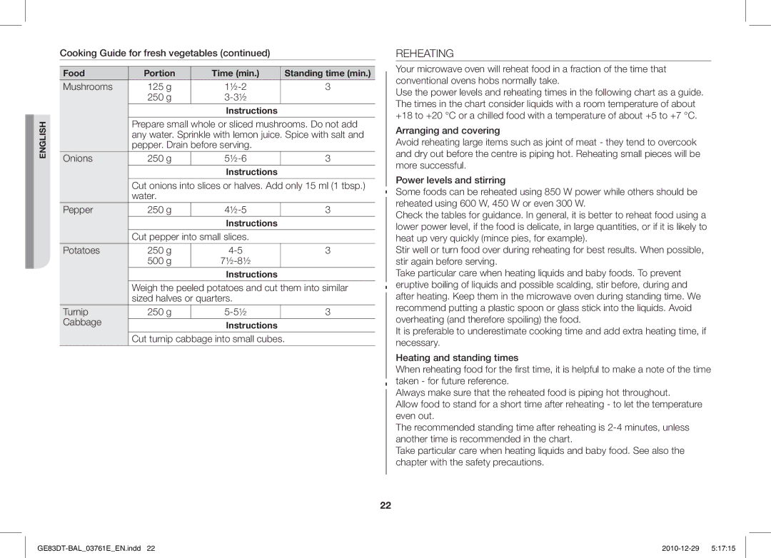 Samsung GE83DT/BAL manual Reheating 