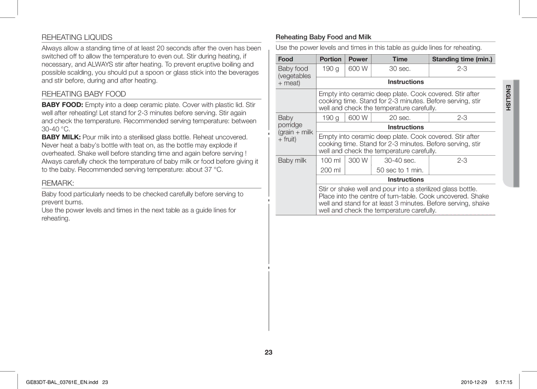 Samsung GE83DT/BAL manual Reheating Liquids, Reheating Baby Food, Remark 