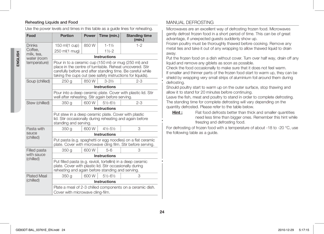 Samsung GE83DT/BAL manual Manual Defrosting 