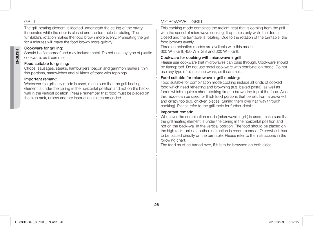 Samsung GE83DT/BAL manual Microwave + Grill 