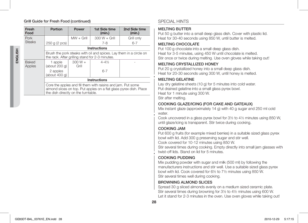 Samsung GE83DT/BAL manual Special Hints, Grill Guide for Fresh Food, Stir several times well during cooking 