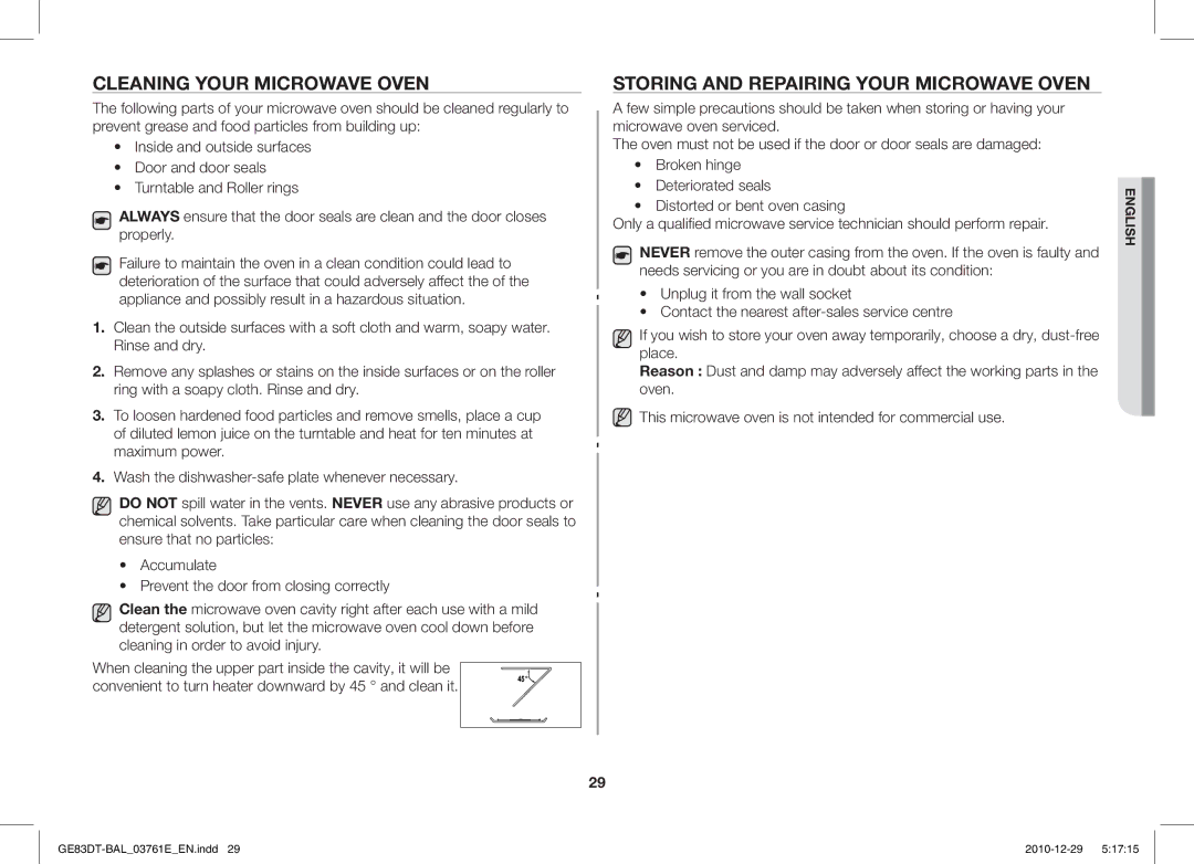 Samsung GE83DT/BAL manual Cleaning Your Microwave Oven, Storing and Repairing Your Microwave Oven 