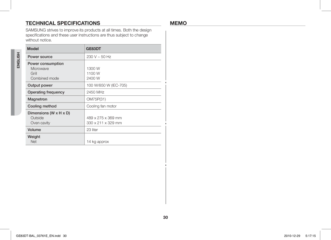 Samsung GE83DT/BAL manual Technical Specifications Memo, Are thus subject to change Without notice, Combined mode 