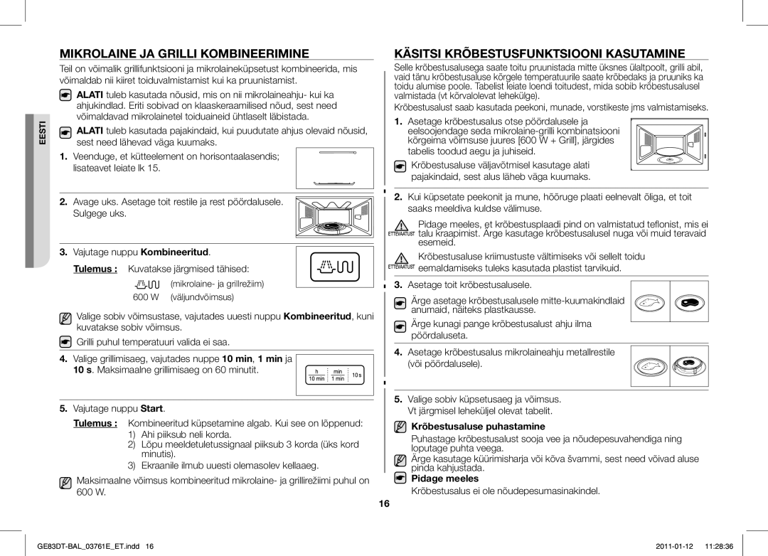 Samsung GE83DT/BAL manual Mikrolaine JA Grilli Kombineerimine, Käsitsi Krõbestusfunktsiooni Kasutamine, Pidage meeles 