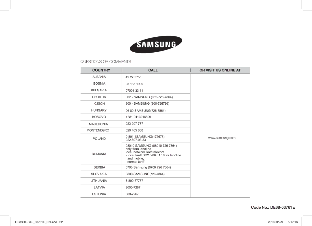 Samsung GE83DT/BAL manual Code No. DE68-03761E, Albania 