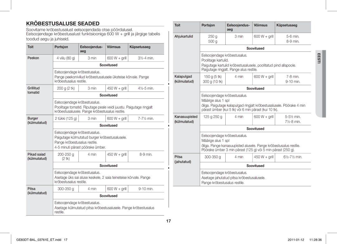 Samsung GE83DT/BAL manual Krõbestusaluse Seaded 