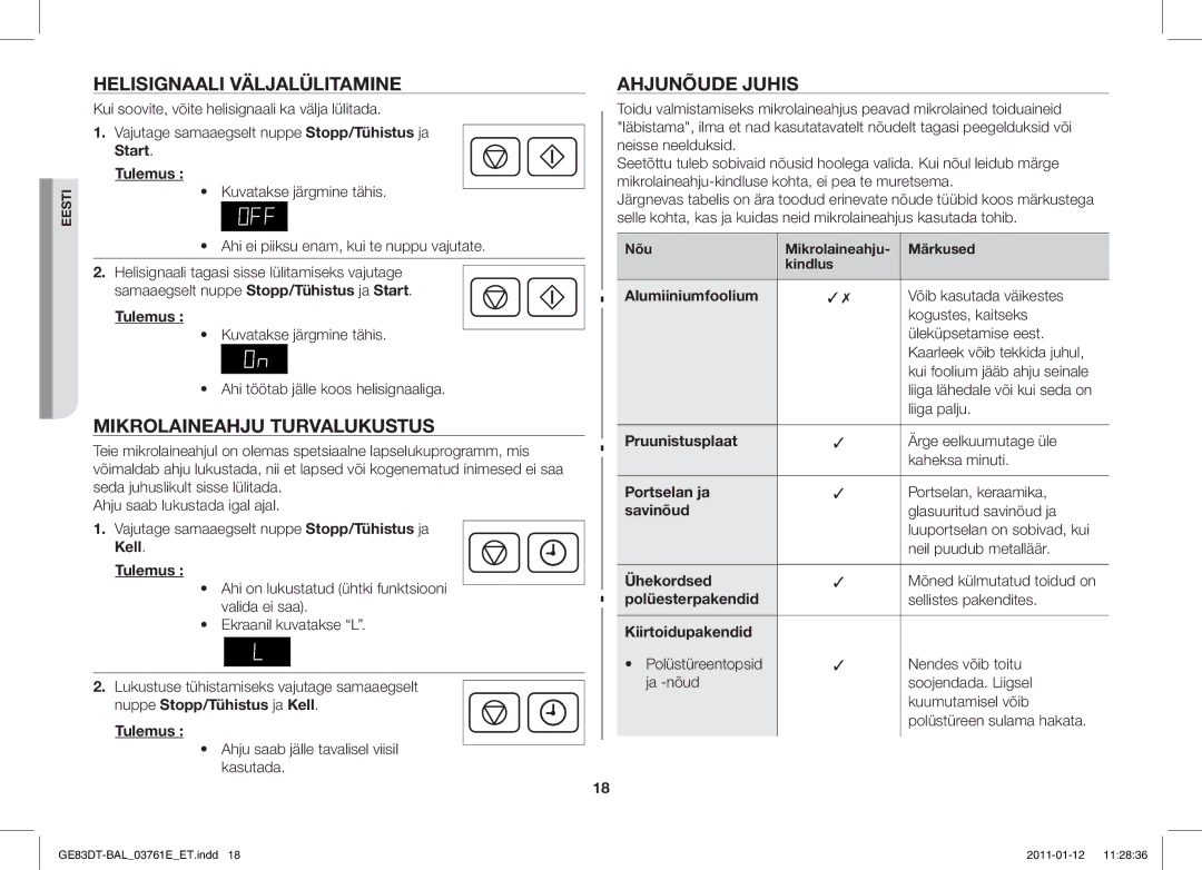 Samsung GE83DT/BAL manual Helisignaali Väljalülitamine, Mikrolaineahju Turvalukustus, Ahjunõude Juhis 