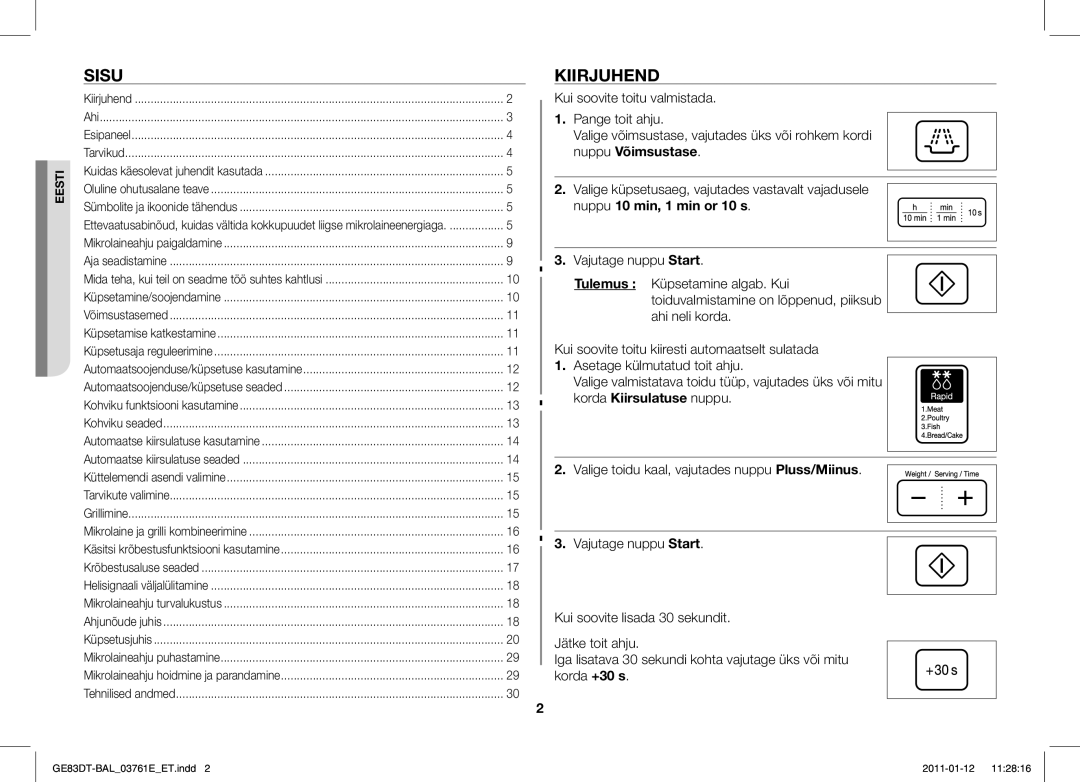 Samsung GE83DT/BAL manual Sisu, Kiirjuhend, Nuppu 10 min, 1 min or 10 s 