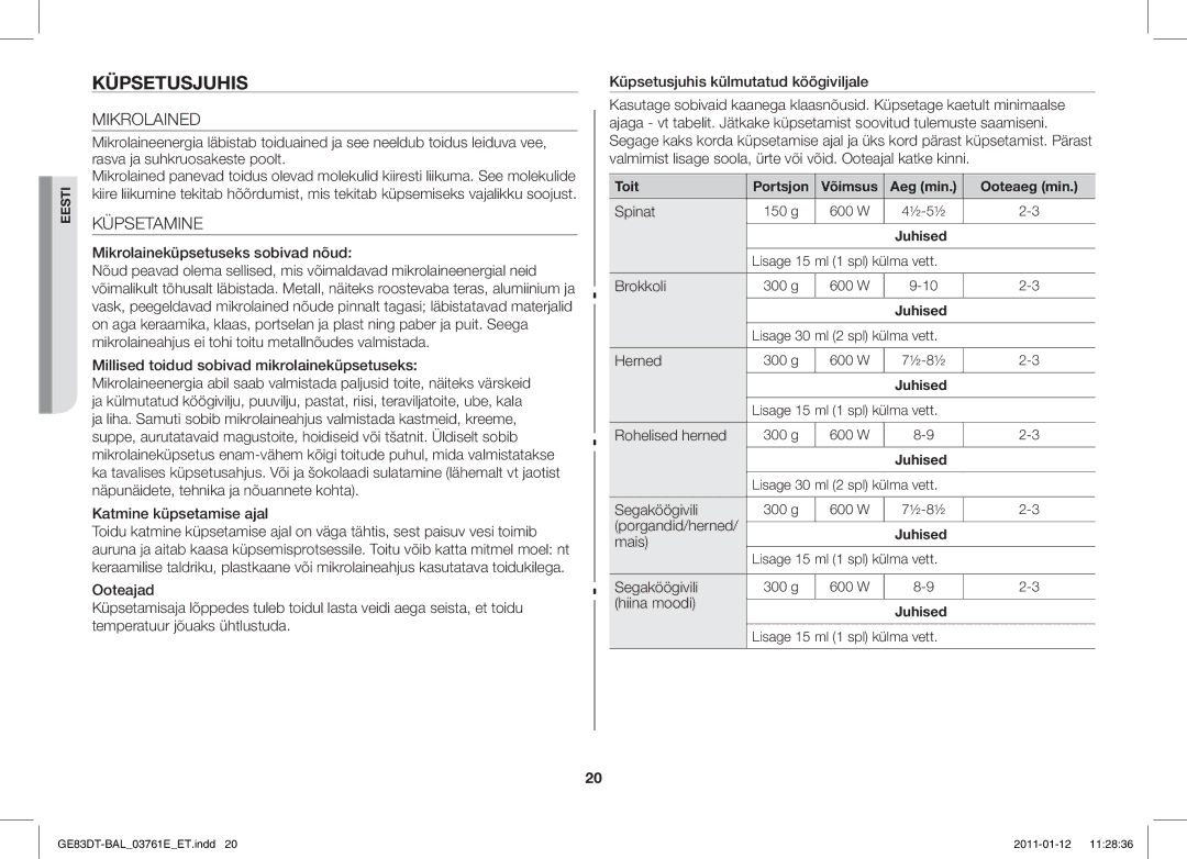 Samsung GE83DT/BAL manual Küpsetusjuhis, Mikrolained, Küpsetamine, Spinat 