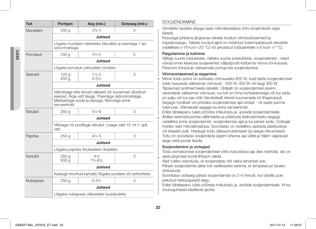 Samsung GE83DT/BAL manual Soojendamine 