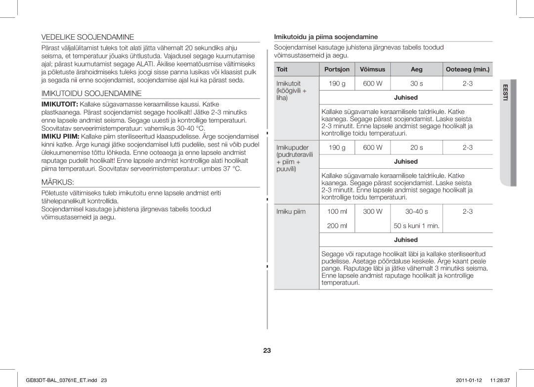 Samsung GE83DT/BAL manual Vedelike Soojendamine, Imikutoidu Soojendamine, Märkus 