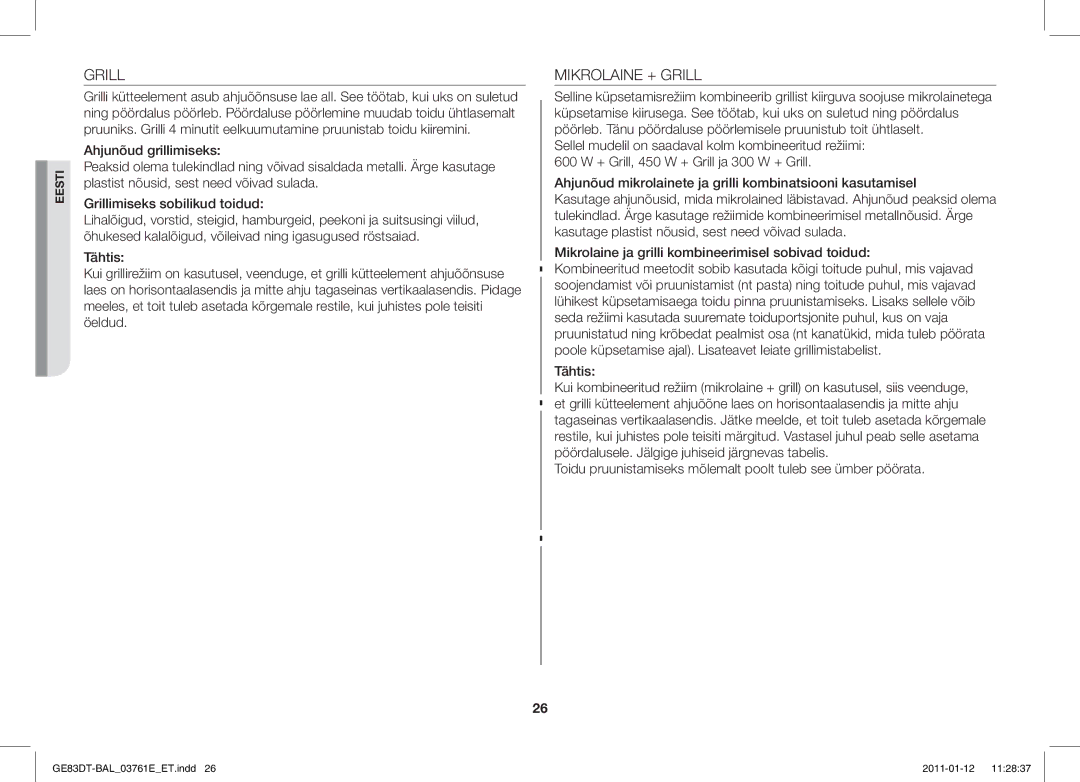 Samsung GE83DT/BAL manual Mikrolaine + Grill 