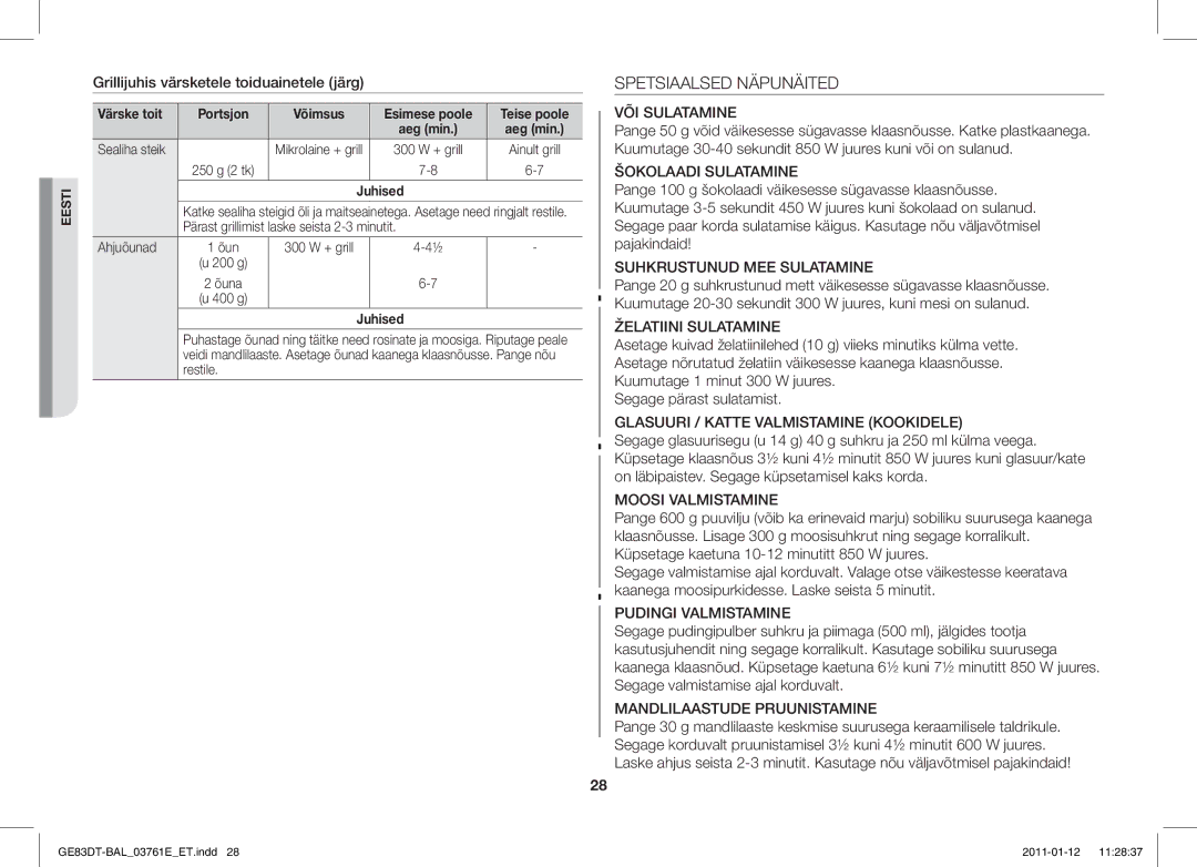 Samsung GE83DT/BAL manual Spetsiaalsed Näpunäited, Grillijuhis värsketele toiduainetele järg 