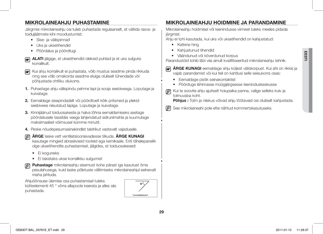 Samsung GE83DT/BAL manual Mikrolaineahju Puhastamine, Mikrolaineahju Hoidmine JA Parandamine 