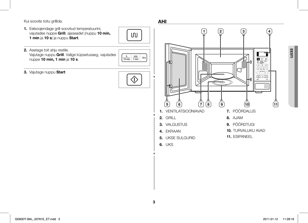 Samsung GE83DT/BAL manual Ahi, Kui soovite toitu grillida, Uks 