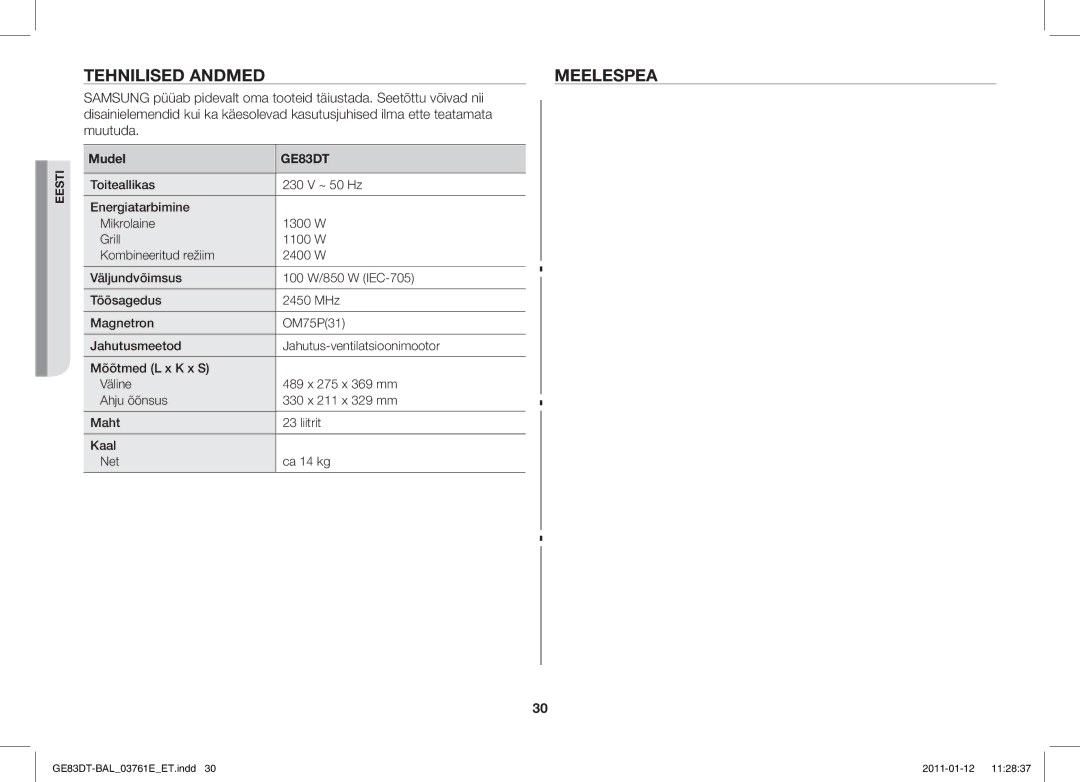 Samsung GE83DT/BAL manual Tehnilised Andmedmeelespea 