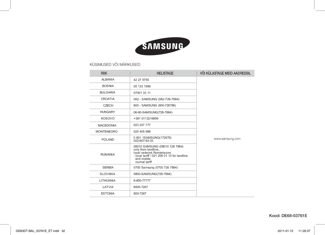 Samsung GE83DT/BAL manual Kood DE68-03761E, Küsimused VÕI Märkused Riik Helistage 