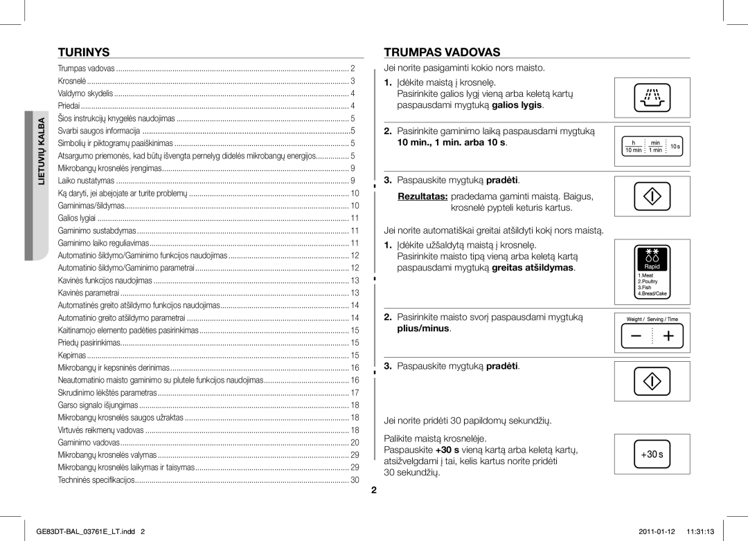 Samsung GE83DT/BAL manual Turinys, Trumpas Vadovas, 10 min., 1 min. arba 10 s 