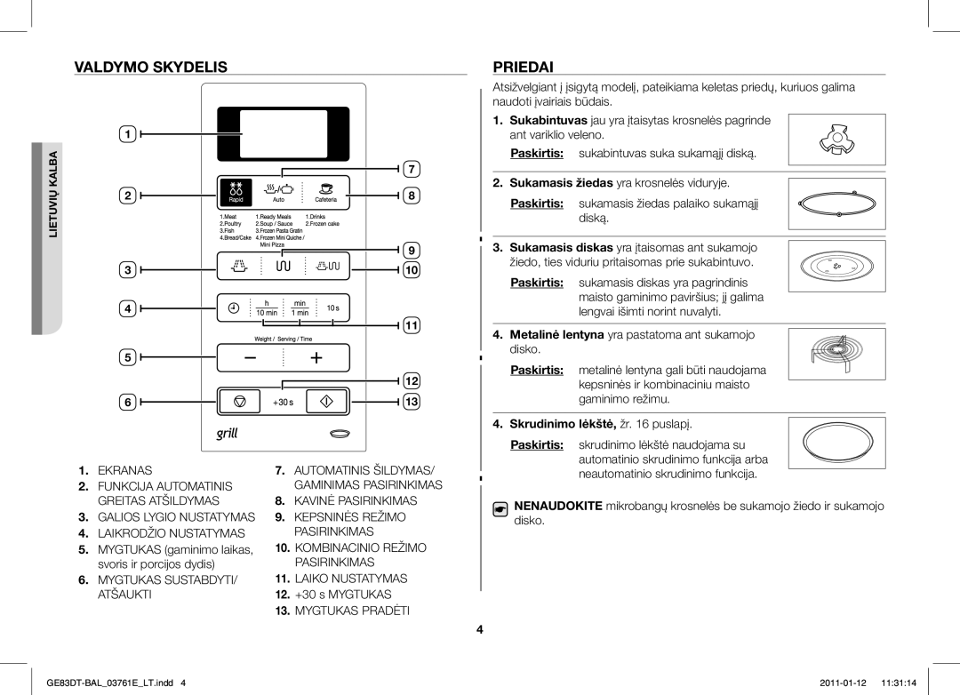 Samsung GE83DT/BAL manual Valdymo Skydelis, Priedai, Skrudinimo lėkštė, žr puslapį 